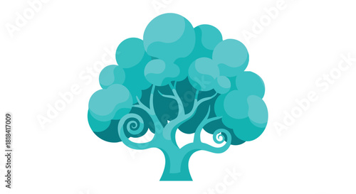 Stylized teal tree design with swirling branches evokes a sense of calm and natural beauty with its simplistic and appealing illustration