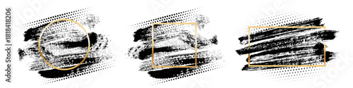 Golden round, square, rectangular frames with black brush strokes and halftone dots on white background. Rough paint smears combined with gold borders. Abstract vector illustrations set.