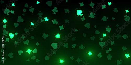 Casino pattern. Green flying glowing playing cards on black background. Sparkling hearts, clubs, diamonds and spades on dark. Online casino concept. Luxury vector illustration