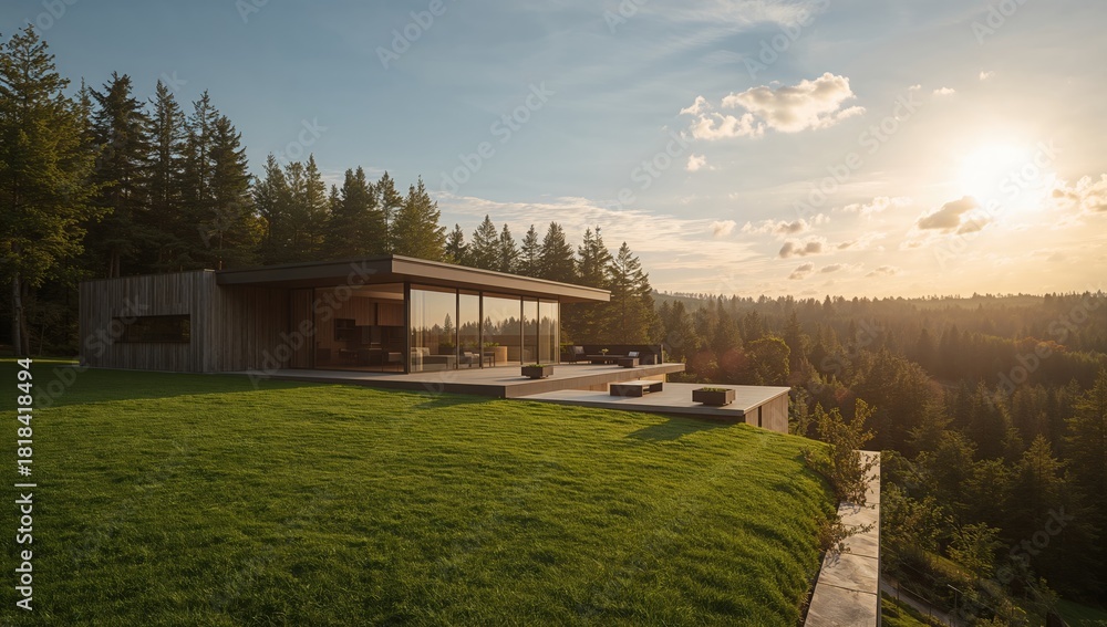 Obraz premium Modern house with panoramic windows and flat roof, serving as a spacious outdoor terrace for leisure activities