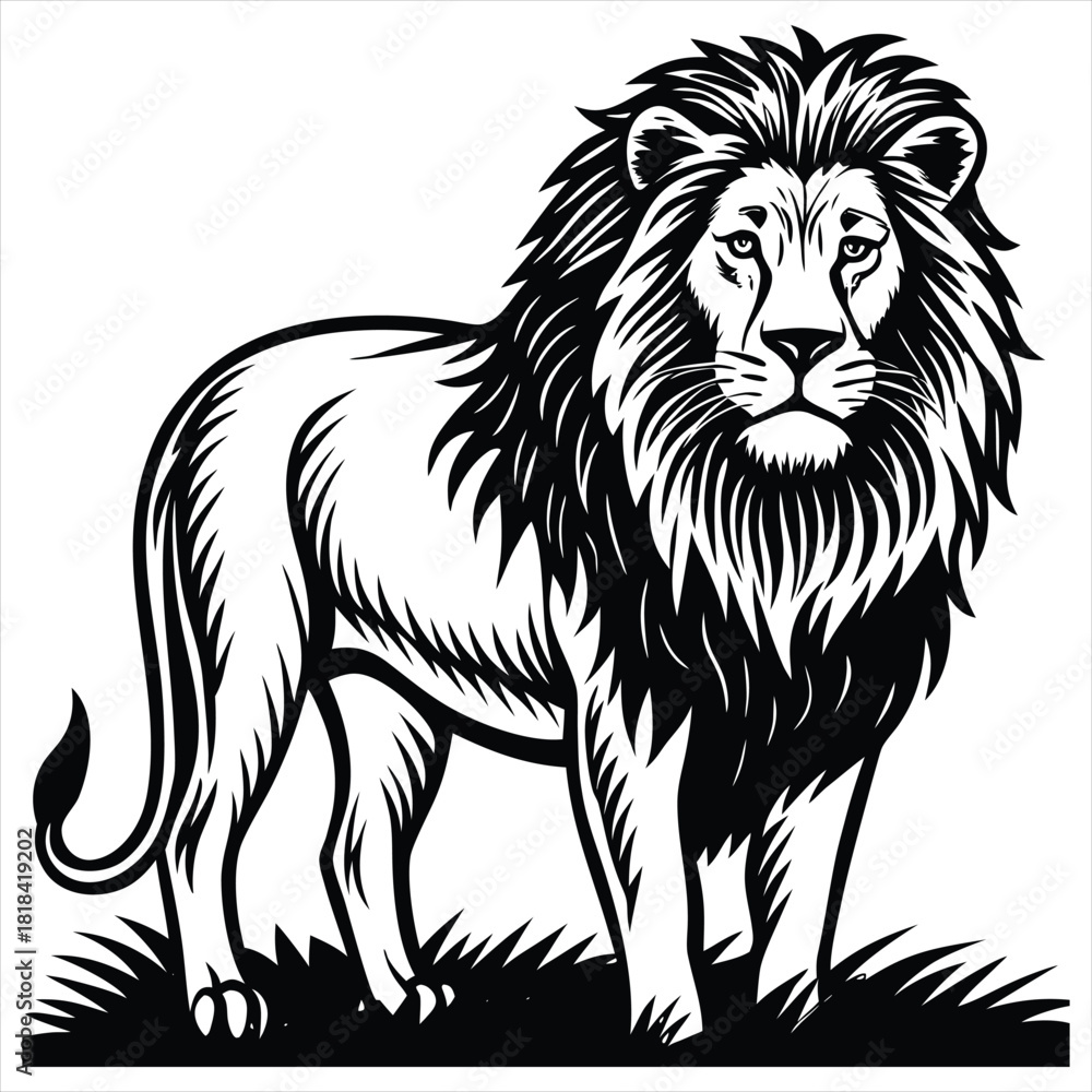 Fototapeta premium Majestic Lion Line Art Illustration – Black and White Wild Animal Vector,