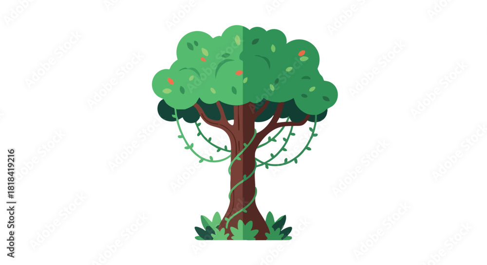 Fototapeta premium Stylized arboreal illustration showcases vibrant foliage and climbing tendrils against a minimalist backdrop enhancing a feeling of youthful wonder