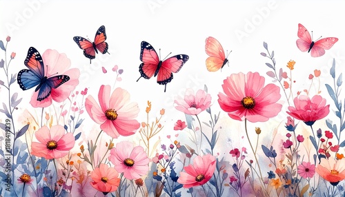 Floral seamless border with abstract delicate pink wildflowers and colored butterflie