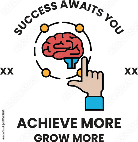 A brain with a pointer on it and the words "success awaits you" written below it