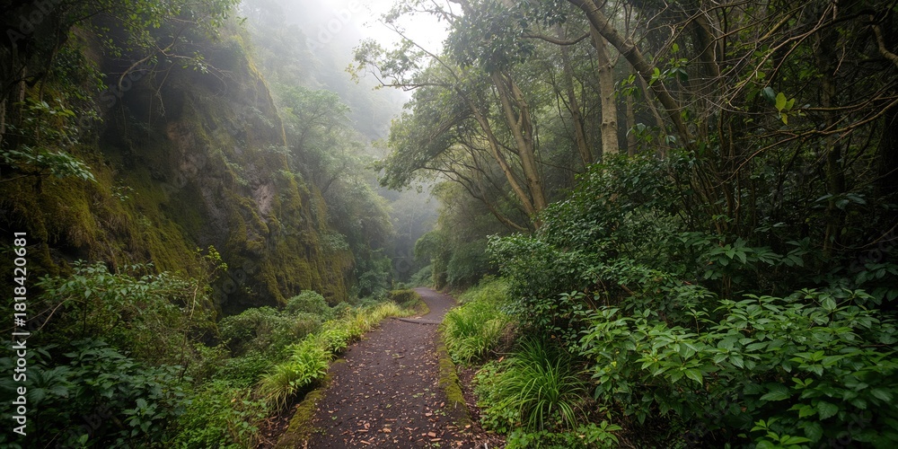Fototapeta premium Hiking trail through Levada do Rei forest on Madeira island, emphasizing preservation of natural waterways