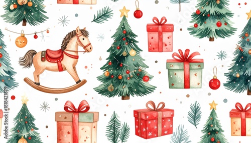 Watercolor Christmas seamless pattern with presents and rocking horse, christmas tree