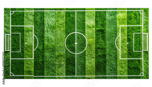 Aerial view of a well-manicured  striped soccer field with markings