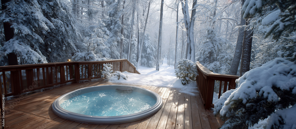 Fototapeta premium hot tub wooden deck overlooking winter forest