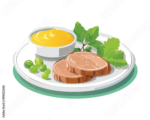 Freshly prepared sliced roast beef with mustard sauce and green peas for delicious homemade family dinner meal - Vector Illustration