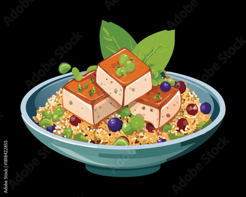 Healthy protein bowl with tofu cubes quinoa blueberries and fresh green leaves for organic balanced nutritional meal - Vector Illustration