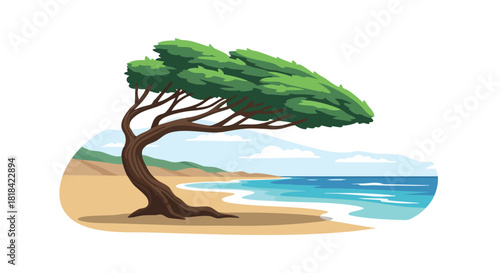Windswept coastal tree illustration with gentle waves, embodying resilience and natural beauty, perfect for seaside themes with serene ocean