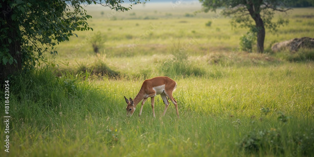 Naklejka premium Pampas Deer grazing in lush grasslands of Pantanal, Brazil, emphasizing habitat preservation