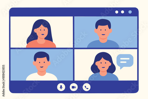 Illustration of four people in a video conference call on a computer screen