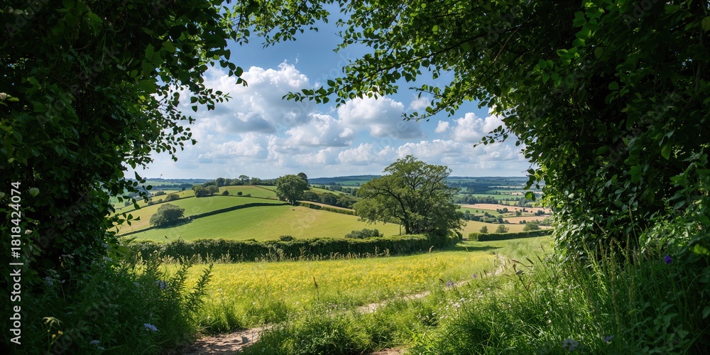 Fototapeta premium Countryside view along the peddars way during summer, scenic landscape with fields, hedges, and blue sky