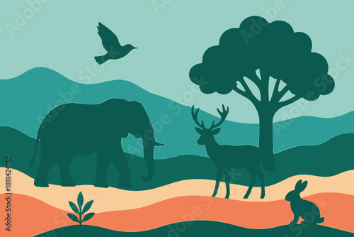 Vibrant Silhouette Scene of Wildlife in a Lush, Rolling Landscape with Trees and Mountains