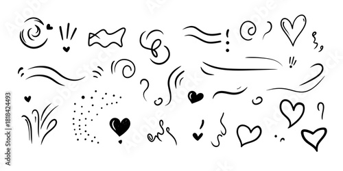 Hand drawn black swirl lines with heart shapes, underline and swoosh elements set in minimalist sketch style for emphasis and decoration vector illustration