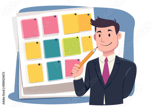 Businessman planning and organizing tasks with colorful sticky notes on board holding pencil thinking about project management and priorities vector illustration