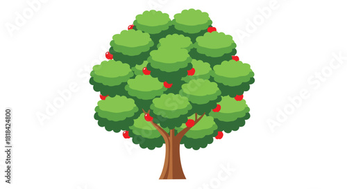 Stylized apple tree illustration with vibrant green foliage and bright red fruits, evoking themes of nature and abundance, ideal for educational