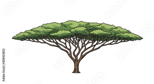 Striking acacia tree illustration displaying nature's serene beauty and iconic form with lush green foliage and strong branching structure against a
