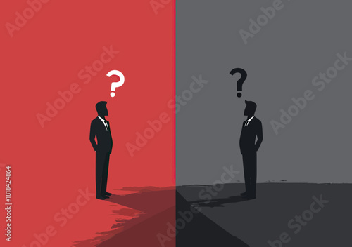 Businessman standing at crossroads with question marks above head decision making confusion choice concept in flat minimalist style vector illustration