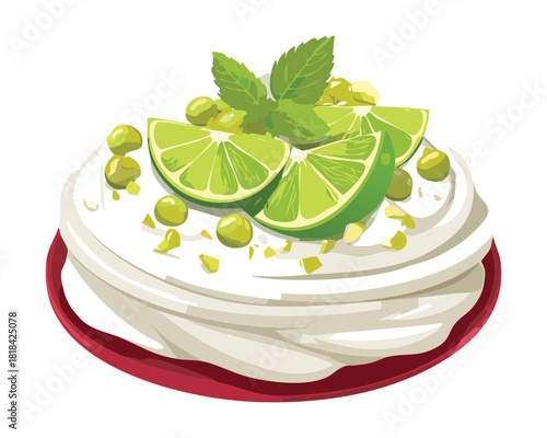 Gourmet meringue pavlova cake topped with fresh lime slices and mint leaves for elegant citrus flavored bakery dessert - Vector Illustration