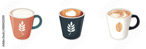 Set of three coffee cups with latte art and coffee beans in minimalist flat style isolated on white background for cafe menu or coffee shop design concept vector illustration