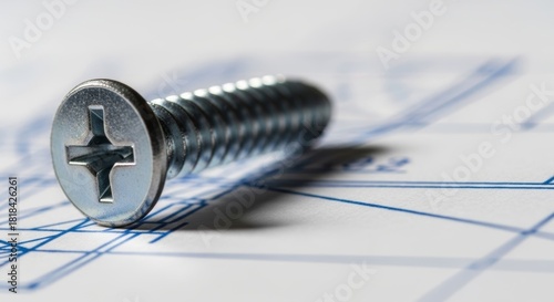 Close-up of a shiny silver metal screw with a crosshead drive resting on a white paper surface featuring blurred blue technical architectural or engineering lines.