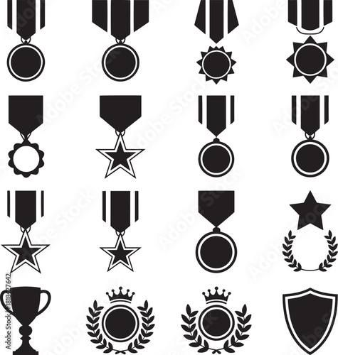 Set of award medal icons simple black and white glyph design for achievements and sports competitions
