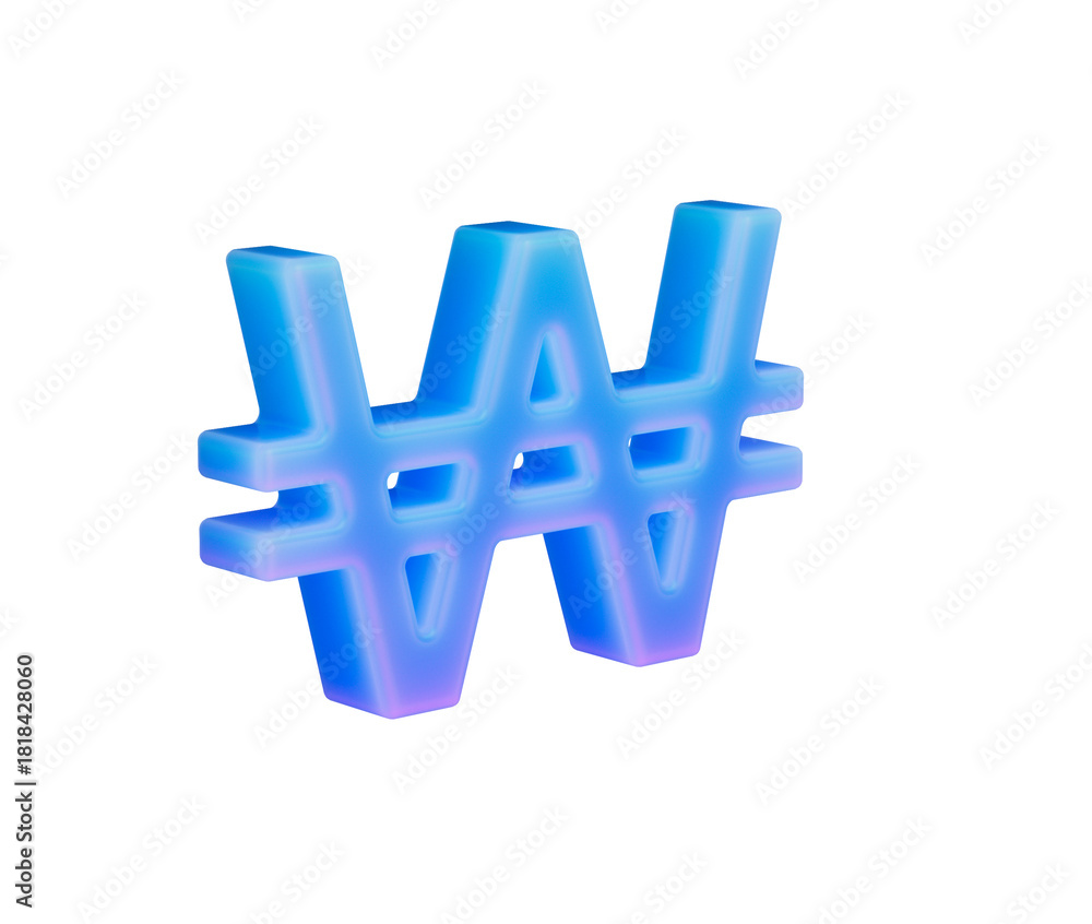 Obraz premium 3D Gradient blue Korean Won symbol, modern style with a glossy futuristic finish. 3D Illustration