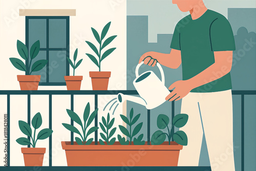 Man watering plants on balcony with a watering can, enjoying urban gardening lifestyle