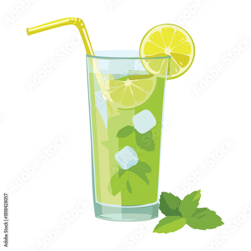 Iced green limeade with yellow straw and mint leaves in tall glass for cold summer party beverage - Vector Illustration
