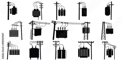Collection of Silhouetted Electrical Transformers Mounted on Utility Poles Keywords: electricity, power, transformer, utility