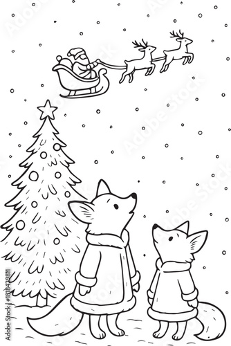 Vintage-style black-and-white coloring page of two fox sisters in winter coats gazing at Santa flying across the snowy sky above a decorated outdoor Christmas tree. Cozy festive scene for kids.