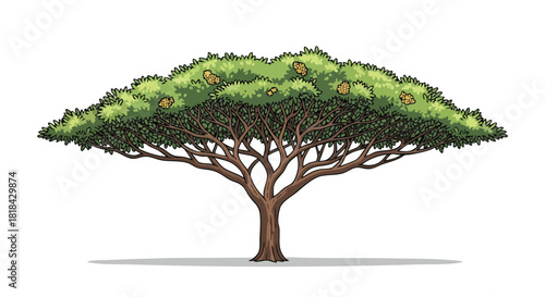 Illustration of a classic acacia tree with a wide, flat canopy against a white backdrop for design versatility