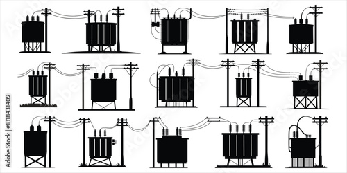 Diverse Silhouettes of Electrical Transformers on Utility Poles and Ground Keywords: electricity, power, transformer, utility