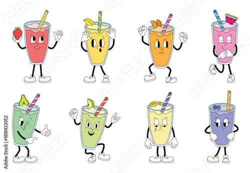 Retro milkshake characters. Groovy milkshake in glass different taste. Children non alcoholic cocktail with milk and fruits, strawberry banana, neoteric vector set