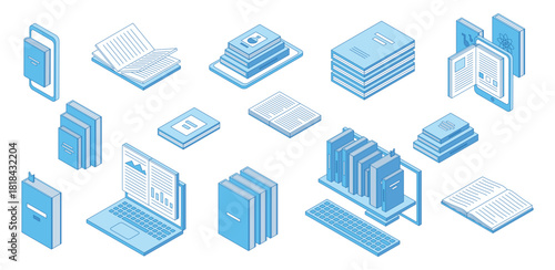 Isometric digital library. E reading, books on computer, tablet and smartphone screen. Online learning, bookstore shelf, education, nifty vector set