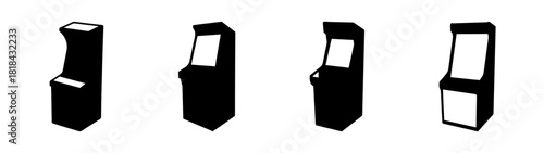 Four vintage arcade game cabinet silhouettes with different control panels and screens
