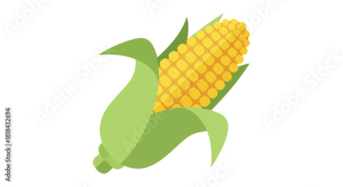 Stylized ear of corn vector illustration with vibrant yellow kernels and simple leaf husks for agricultural graphic representation