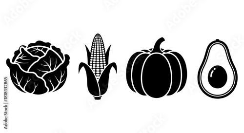 Black and white vector icons depicting cabbage, corn, pumpkin, and avocado, arranged in a row on a white background.