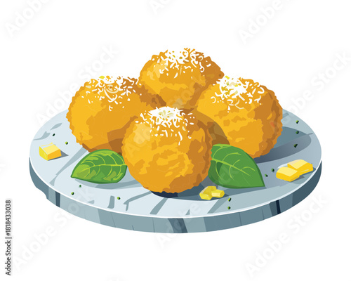 Crispy fried potato croquettes with herbal seasoning and lemon served on plate as warm gourmet appetizer snack - Vector Illustration