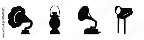 Vintage retro gramophone and lamp icons set old fashioned music and lighting symbols