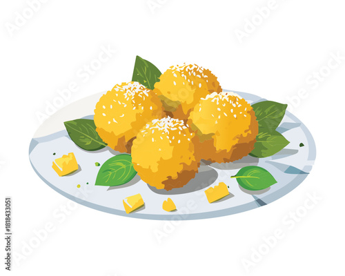 Golden fried arancini rice balls with cheese topping and fresh herbal leaves for delicious party snack appetizer - Vector Illustration