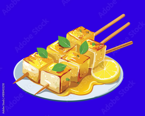 Fried tofu skewers with yellow curry sauce and fresh lemon slices served for aesthetic dinner party menu - Vector Illustration