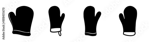 Four black oven mitts showing different angles and designs for kitchen safety