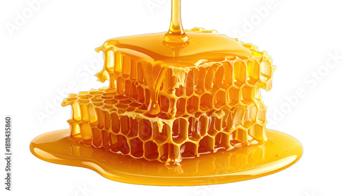 Golden honey pours over a cut honeycomb, highlighting the cells and sweet syrup