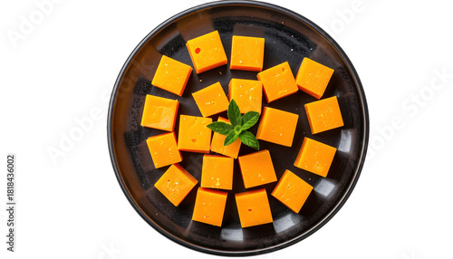 A black plate holds diced orange cheese cubes, garnished with a sprig of mint