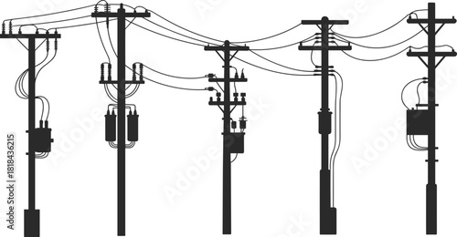 Silhouette Collection of Five Diverse Wooden Utility Poles with Transformers and Wires Keywords: utility pole, power line