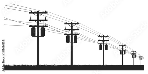 Silhouette of a line of utility poles with power lines and transformers receding into distance Keywords: utility pole, power