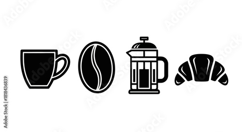 Black and white line art illustration of a coffee cup, coffee bean, french press, and croissant arranged in a row.